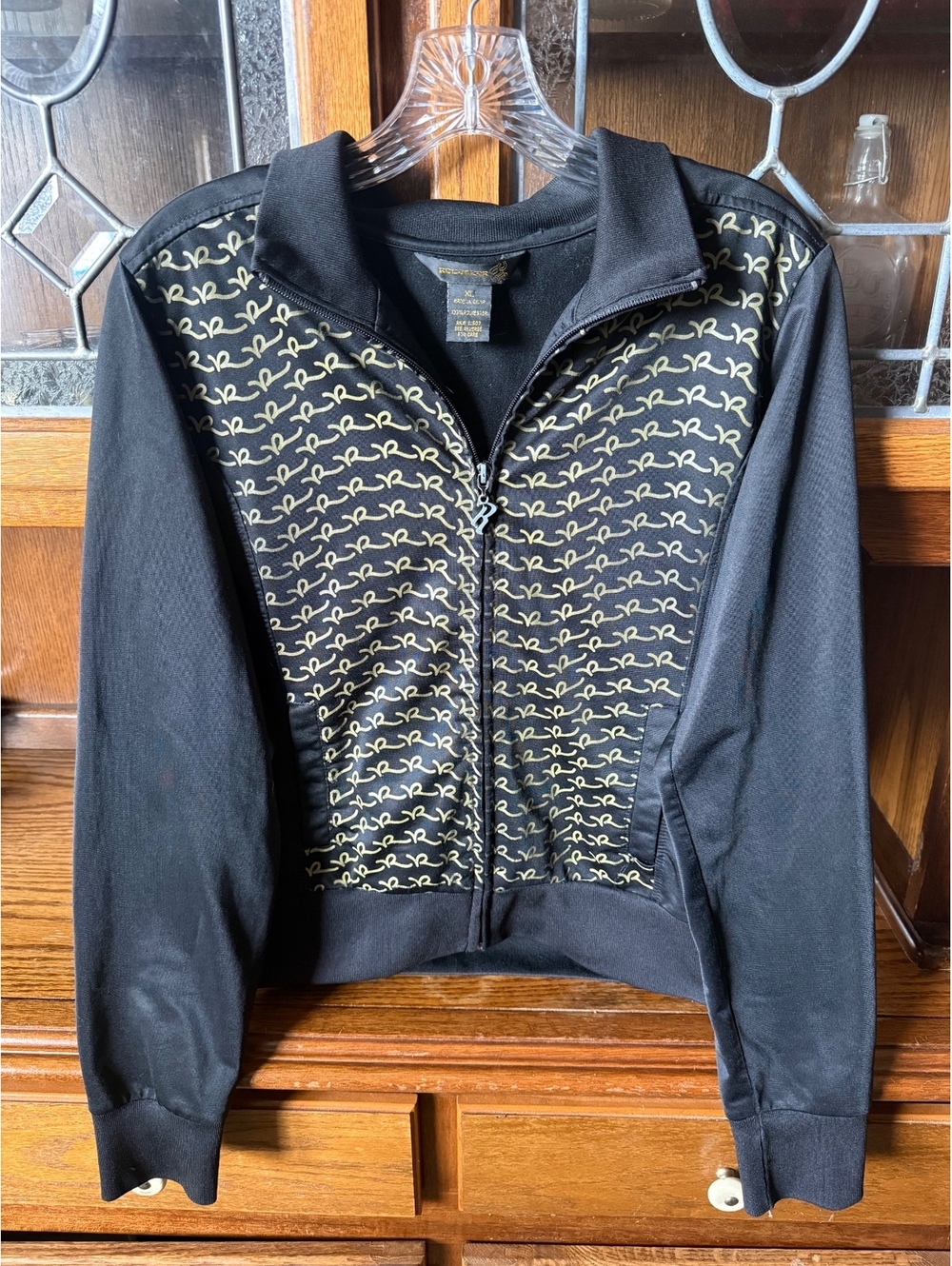 Y2K Rocawear Track Jacket XL Black Gold Monogram Logo Print Full Zip Streetwear